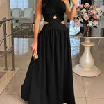 Halter Sleeveless Tied Detail Shirred Criss Cross Flared Dress Glamorous Evening Dress