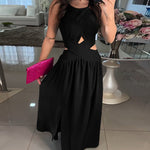 Halter Sleeveless Tied Detail Shirred Criss Cross Flared Dress Glamorous Evening Dress