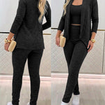 Women's 3-Piece Knit Set Shawl Collar Cardigan with Crop Tank and High Waisted Slim Fit Pants Casual Loungewear