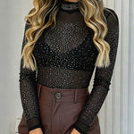 Women's Rhinestone Mock Neck Mesh Top Sexy Sheer Long Sleeve See Through Tee Sparkly Party Nightclub Top