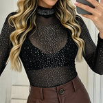 Women's Rhinestone Mock Neck Mesh Top Sexy Sheer Long Sleeve See Through Tee Sparkly Party Nightclub Top