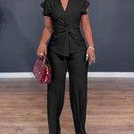 Women's 2 Piece Outfits V Neck Twist Front Slit Top and High Waisted Straight Leg Pants Set Commute Business Casual Suit