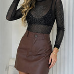 Women's Rhinestone Mock Neck Mesh Top Sexy Sheer Long Sleeve See Through Tee Sparkly Party Nightclub Top