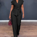 Women's 2 Piece Outfits V Neck Twist Front Slit Top and High Waisted Straight Leg Pants Set Commute Business Casual Suit