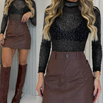 Women's Rhinestone Mock Neck Mesh Top Sexy Sheer Long Sleeve See Through Tee Sparkly Party Nightclub Top