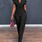 Women's 2 Piece Outfits V Neck Twist Front Slit Top and High Waisted Straight Leg Pants Set Commute Business Casual Suit