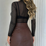 Women's Rhinestone Mock Neck Mesh Top Sexy Sheer Long Sleeve See Through Tee Sparkly Party Nightclub Top
