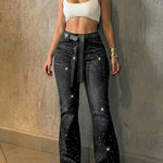 Allover Rhinestone Decor High Waist Zipper Fly Jeans Casual Flared Denim Pants with Rhinestone Decor Belt
