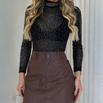 Women's Rhinestone Mock Neck Mesh Top Sexy Sheer Long Sleeve See Through Tee Sparkly Party Nightclub Top