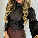 Women's Rhinestone Mock Neck Mesh Top Sexy Sheer Long Sleeve See Through Tee Sparkly Party Nightclub Top