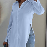 Turn-down Collar Roll Up Sleeve Button Front Shirt Casual Side Slit Curved Hem Top