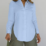 Turn-down Collar Roll Up Sleeve Button Front Shirt Casual Side Slit Curved Hem Top