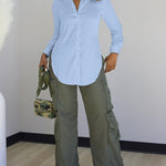 Turn-down Collar Roll Up Sleeve Button Front Shirt Casual Side Slit Curved Hem Top