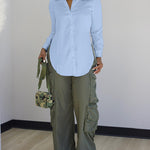 Turn-down Collar Roll Up Sleeve Button Front Shirt Casual Side Slit Curved Hem Top