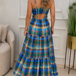 Women's Colorblock Plaid Hollow-out Maxi Dress V Neck Backless Ruffle Cami Dress Casual Shirred Beach Sundress