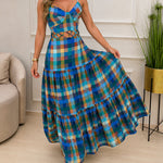 Women's Colorblock Plaid Hollow-out Maxi Dress V Neck Backless Ruffle Cami Dress Casual Shirred Beach Sundress
