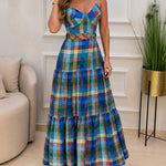 Women's Colorblock Plaid Hollow-out Maxi Dress V Neck Backless Ruffle Cami Dress Casual Shirred Beach Sundress