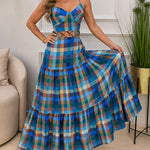 Women's Colorblock Plaid Hollow-out Maxi Dress V Neck Backless Ruffle Cami Dress Casual Shirred Beach Sundress