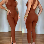 Women's Halter Neck Backless Jumpsuit Ribbed Knit Slim Fit Sleeveless Romper Sexy Party Clubwear