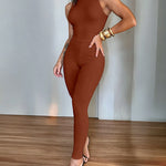 Women's Halter Neck Backless Jumpsuit Ribbed Knit Slim Fit Sleeveless Romper Sexy Party Clubwear