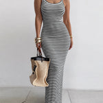 Women's Striped Ribbed Knit Maxi Dress Slim Fit Sleeveless Cami Dress Beach Vacation Sundress