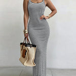 Women's Striped Ribbed Knit Maxi Dress Slim Fit Sleeveless Cami Dress Beach Vacation Sundress
