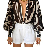 Nadorine Printed Lantern Long Sleeve Blouse