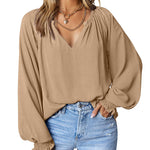 Nadorine Blouses Puff Long Sleeve Pleated V Neck Tunic Tops