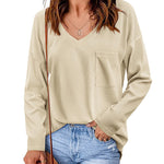 Nadorine Women Waffle Knit Tops Casual Long Sleeve Shirts Solid Color V Neck Shirt