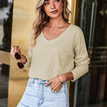 Nadorine Women Waffle Knit Tops Casual Long Sleeve Shirts Solid Color V Neck Shirt