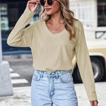 Nadorine Women Waffle Knit Tops Casual Long Sleeve Shirts Solid Color V Neck Shirt