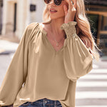 Nadorine Blouses Puff Long Sleeve Pleated V Neck Tunic Tops