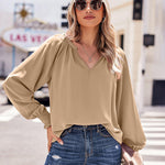 Nadorine Blouses Puff Long Sleeve Pleated V Neck Tunic Tops