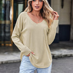Nadorine Women Waffle Knit Tops Casual Long Sleeve Shirts Solid Color V Neck Shirt