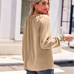 Nadorine Blouses Puff Long Sleeve Pleated V Neck Tunic Tops