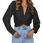Zeagoo Women's V Neck Twist Hem Blouse Long Sleeve Crop Top Casual Button Shirts
