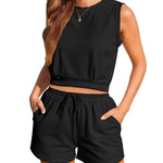 Womens Summer 2 Piece Outfits Sleeveless Round Neck Tops and High-waisted with Drawstring Casual Shorts Tracksuit Sets - Nadorine (Us Only)