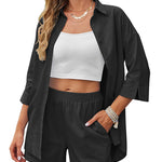 Linen Shirt Elastic Waist Casual Shorts Set - Nadorine (Us Only)