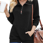 Womens Quilted Sweatshirts Quarter Zip Pullovers Lightweight Long Sleeve Stand Collar Tops with Kangaroo Pocket - Nadorine (Us Only)
