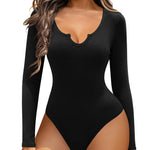 Nadorine Women's long sleeve bodysuit Sexy V Neck Body Suit Double Lined Tops Slim Fit Stretchy Layer Top Classic Jumpsuit
