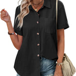 Nadorine Color Block Short Sleeve Cotton Linen Causal Tops