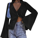 Women's Deep V Neck Shirt Button Front Blouse Bell Long Sleeve Tops - Nadorine (Us Only)