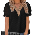 Womens V Neck Puff Short Sleeve Tops Swiss Dots Chiffon Lace Neckline Shirts Blouses - Nadorine (Us Only)