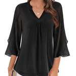 Nadorine 3/4 Sleeve Ruffle V Neck Flowy Floral Mesh Blouses