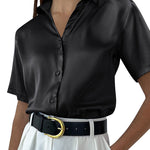Nadorine Women Satin Shirt V-Neck Short Sleeve Button Down Shirt Casual Loose Office Silk Tops  (Us Only)