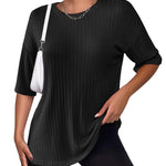 Nadorine Ribbed Knit Short Sleeve Casual Tunic Tops