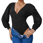 Women Sexy Bodysuits Long Sleeve V Neck Jumpsuits Tops Leotard Shirts - Nadorine (Us Only)