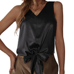 Womens Silk Satin Front Tie Tank Tops V Neck Camisole Fashion Sleeveless Causal Cami Shirt S-XXL - Nadorine (Us Only)