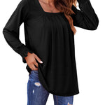 Nadorine Long Sleeve Shirts Square Neck Pleated Tunic Tops