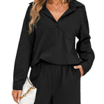 Womens 2 Piece Outfits Lounge Sets Cotton Linen Long Sleeve V-Neck Shirt and Mini Shorts With Pockets - Nadorine (Us Only)